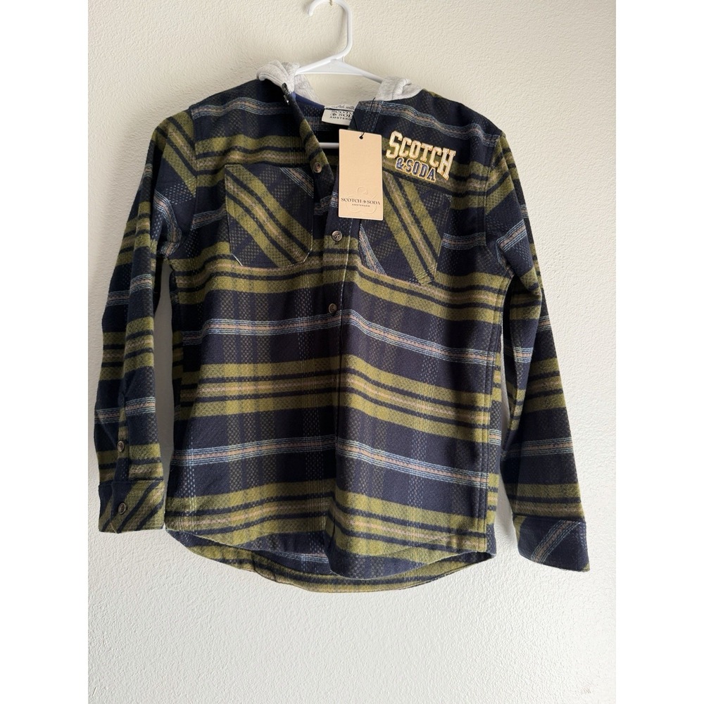 Scotch & Soda Big Boys ‎ Hooded Plaid Shirt Jacket ,Navy Blue/Olive, Medium NEW